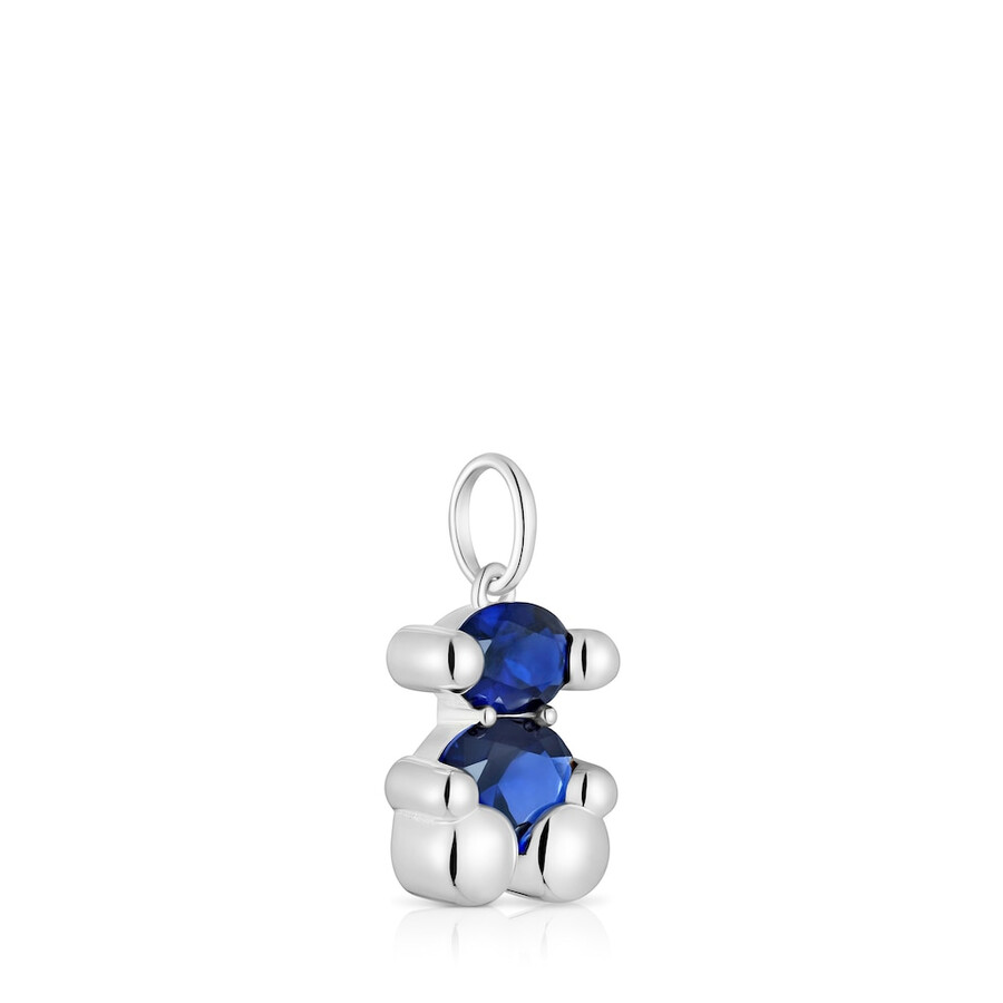 piccolo ciondolo in argento con motivo a orso e zaffiro blu coltivato in laboratorio color bear lgg