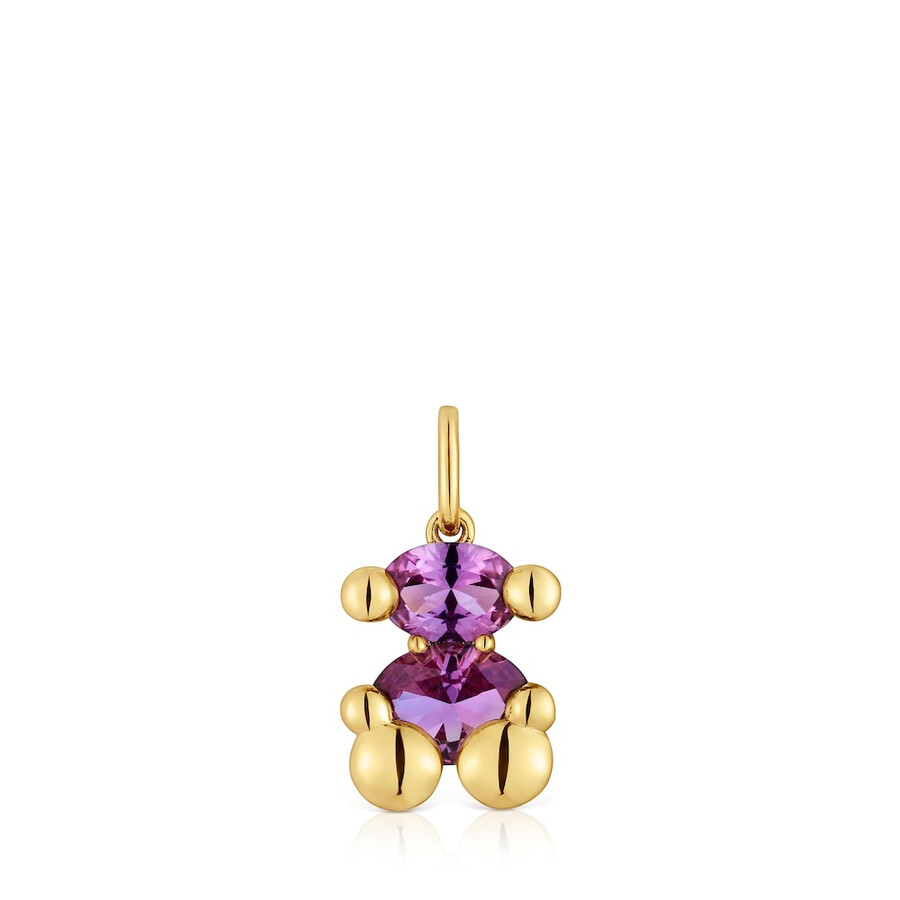 piccolo ciondolo con motivo a orso placcato in oro 18 carati su argento con zaffiro color lilla coltivato in laboratorio color bear lgg
