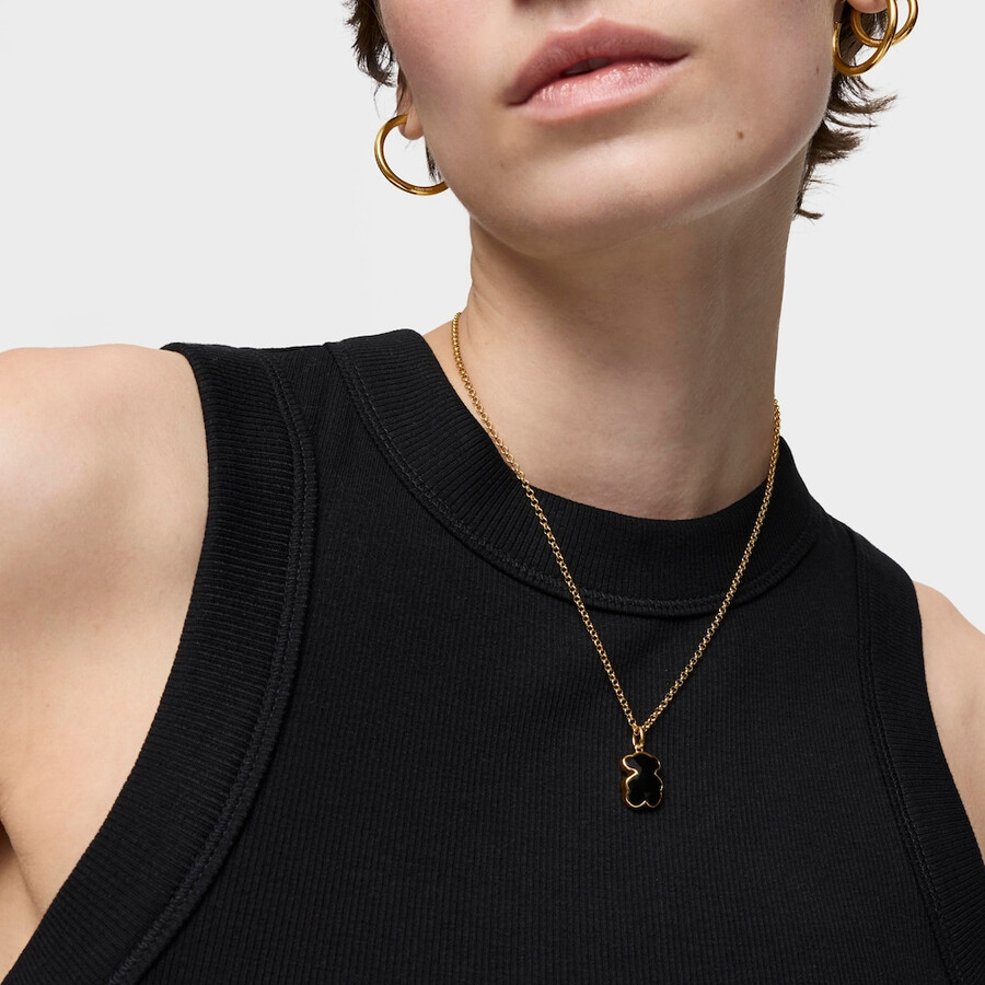 piccolo ciondolo a forma di orso in argento placcato in oro 18kt con motivo a orso in onice tous icon color