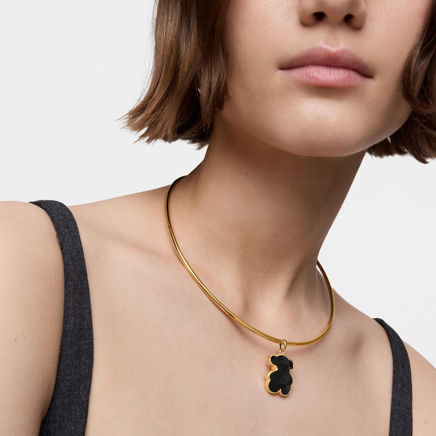 ciondolo medio placcato in oro 18kt su argento con motivo a orso in onice tous icon color