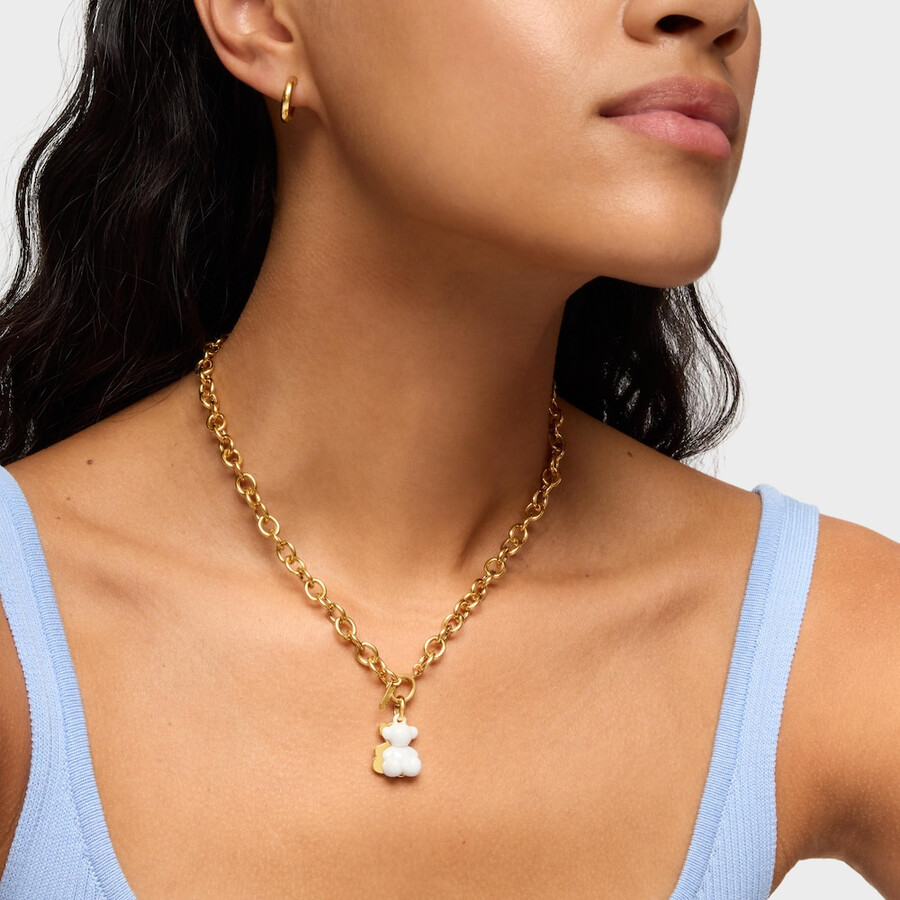 ciondolo doppio orso con placcatura in oro 18kt su argento e ceramica bianca bold bear