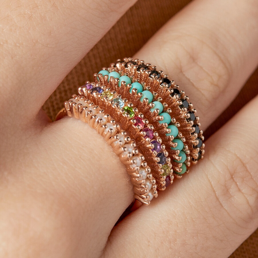 anello dritto in argento vermeil rosa con pietre preziose multicolori