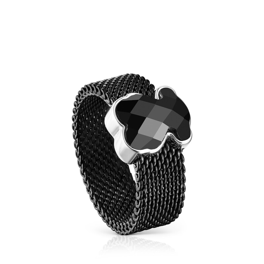 anello in maglia di acciaio ip nero con motivo a orso in onice