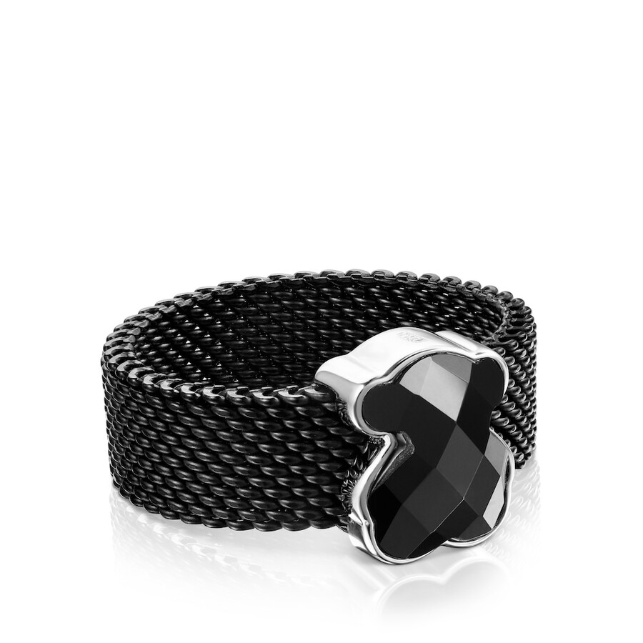 anello in maglia di acciaio ip nero con motivo a orso in onice