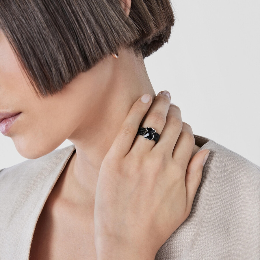 anello in maglia di acciaio ip nero con motivo a orso in onice