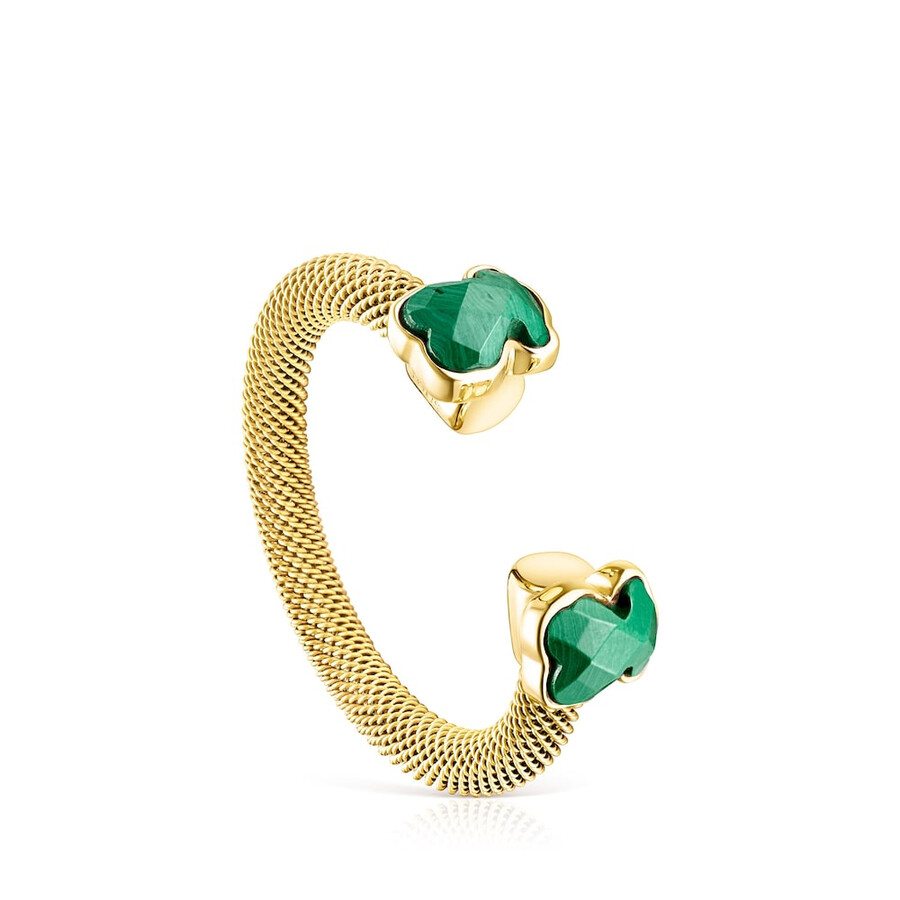 anello aperto in maglia di acciaio ip color oro con malachite