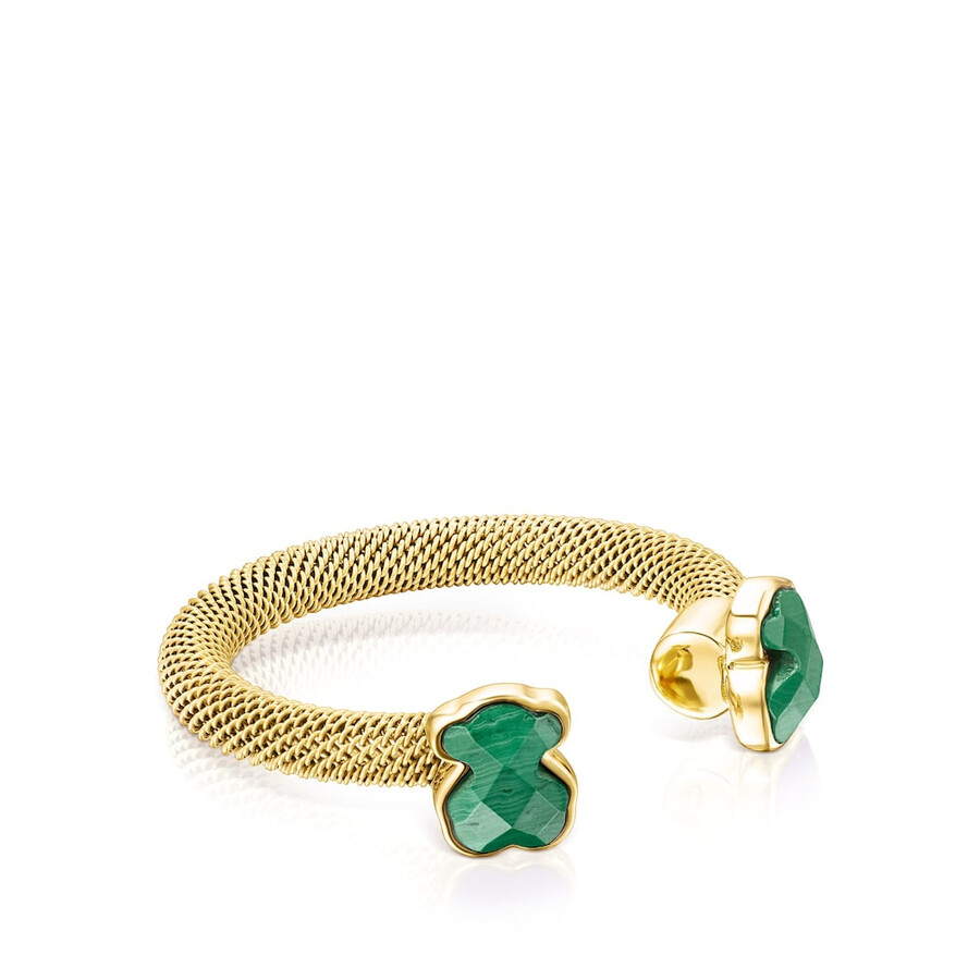 anello aperto in maglia di acciaio ip color oro con malachite