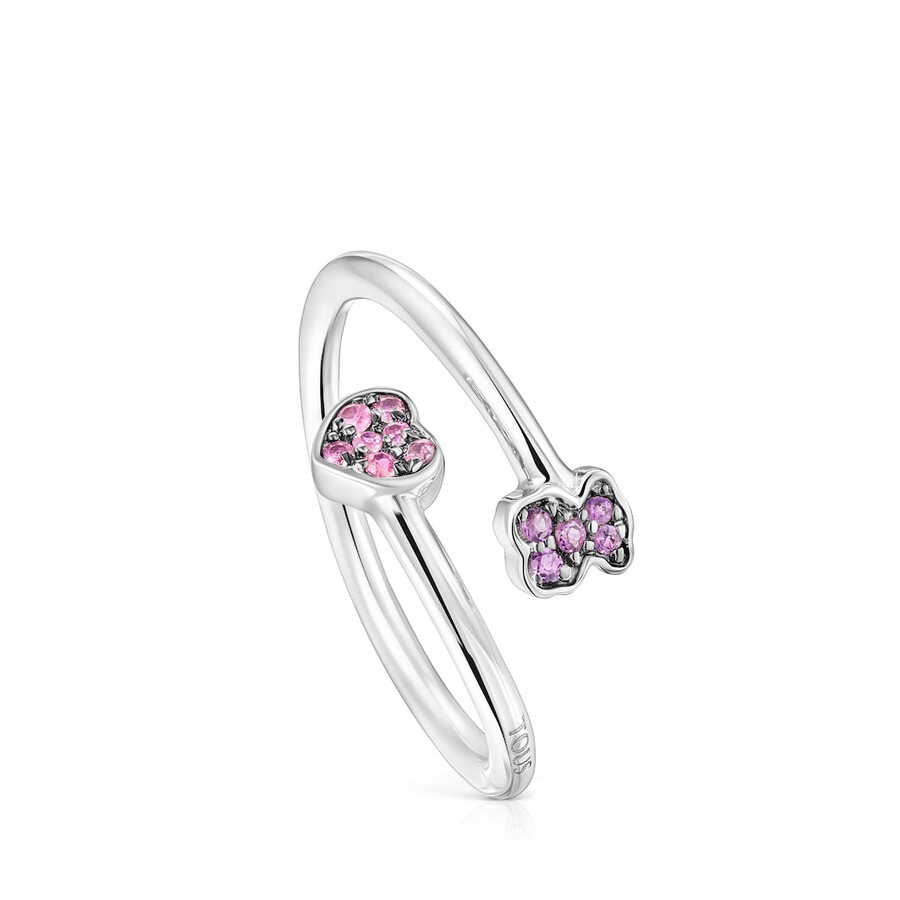 anello aperto tous new motif in argento con motivi di zaffiro e ametista