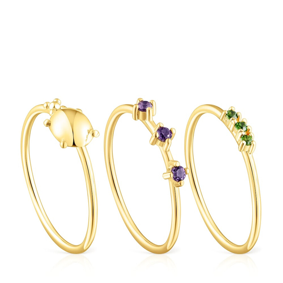 set di tre anelli virtual garden in argento vermeil con pietre preziose