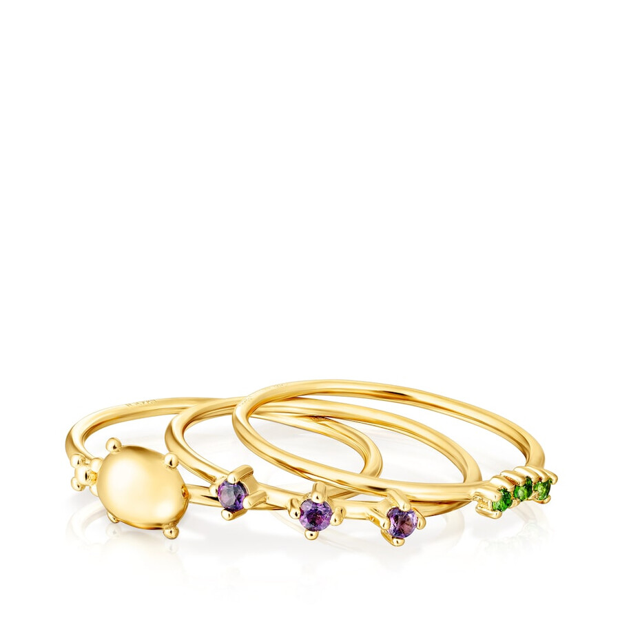set di tre anelli virtual garden in argento vermeil con pietre preziose