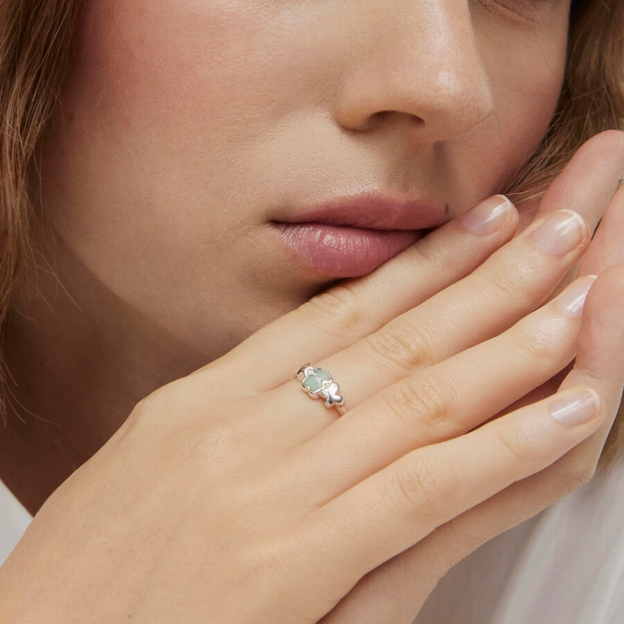 anello in argento con motivo audace e orso amazzonite