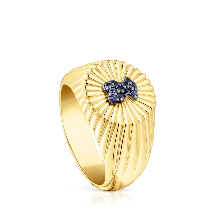 anello con sigillo in argento vermeil e orso con motivo iride in iolite