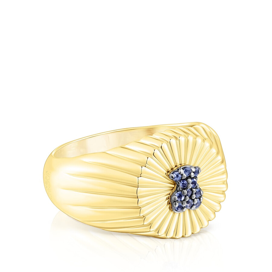 anello con sigillo in argento vermeil e orso con motivo iride in iolite
