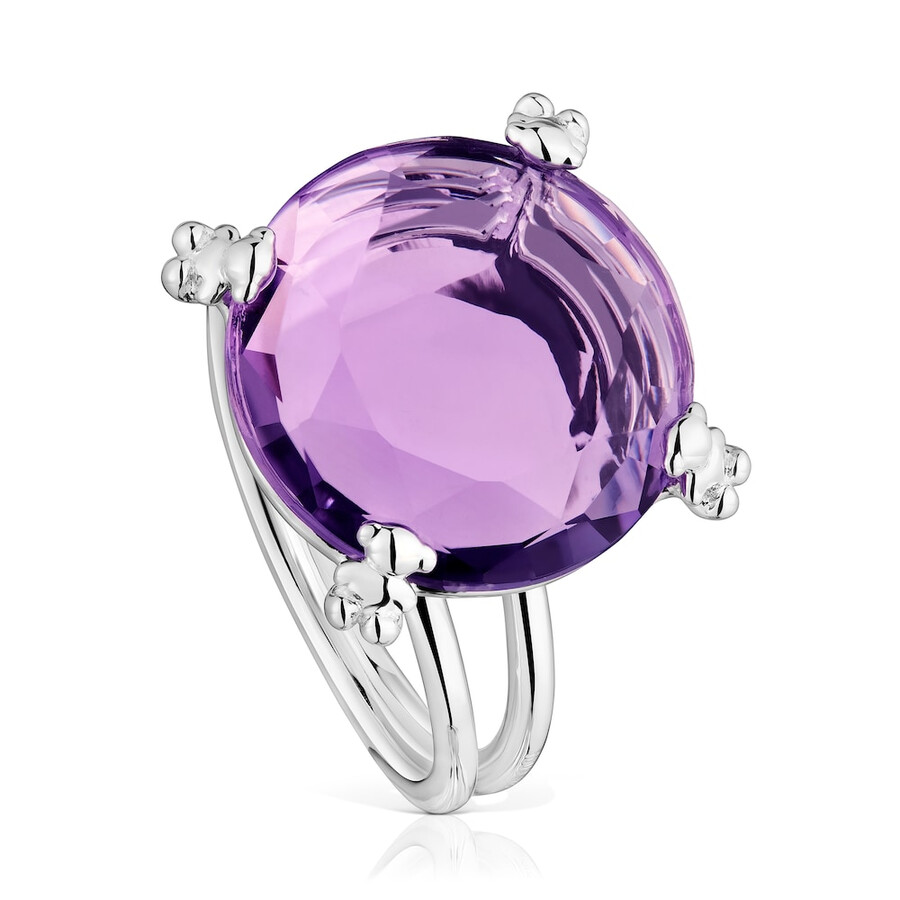 anello con pillole di colore argento e ametista