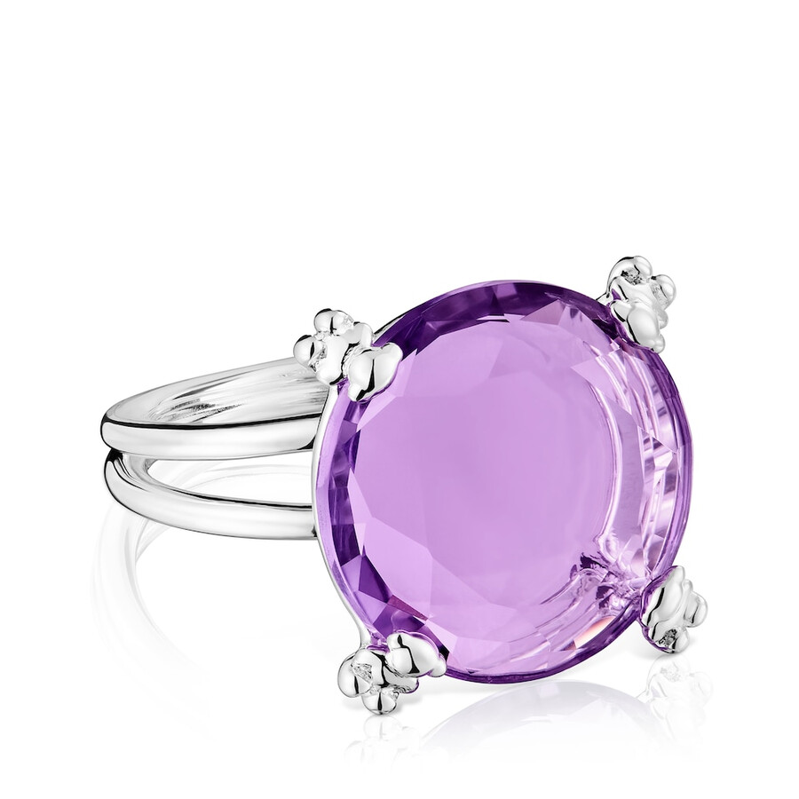 anello con pillole di colore argento e ametista
