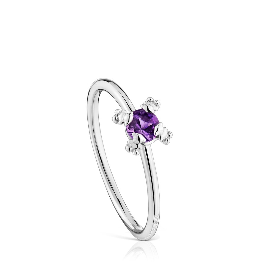 anello con pillole di colore argento e ametista