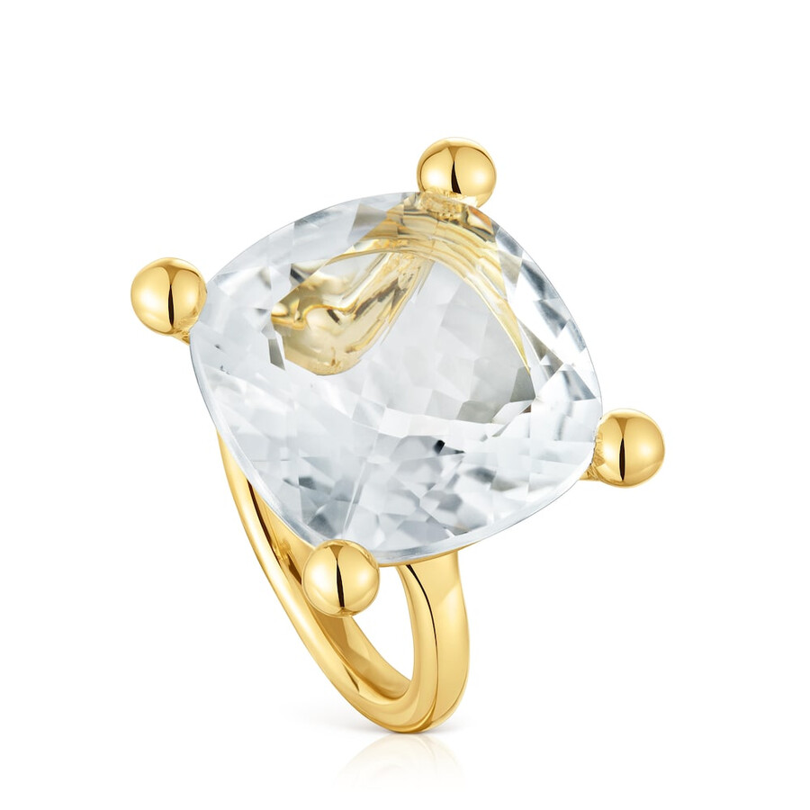 grande anello placcato in oro 18kt su argento e quarzo ialino colore bianco