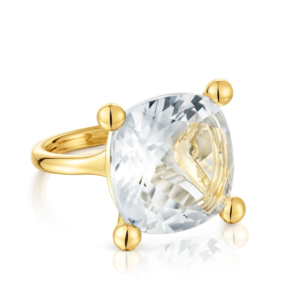 grande anello placcato in oro 18kt su argento e quarzo ialino colore bianco