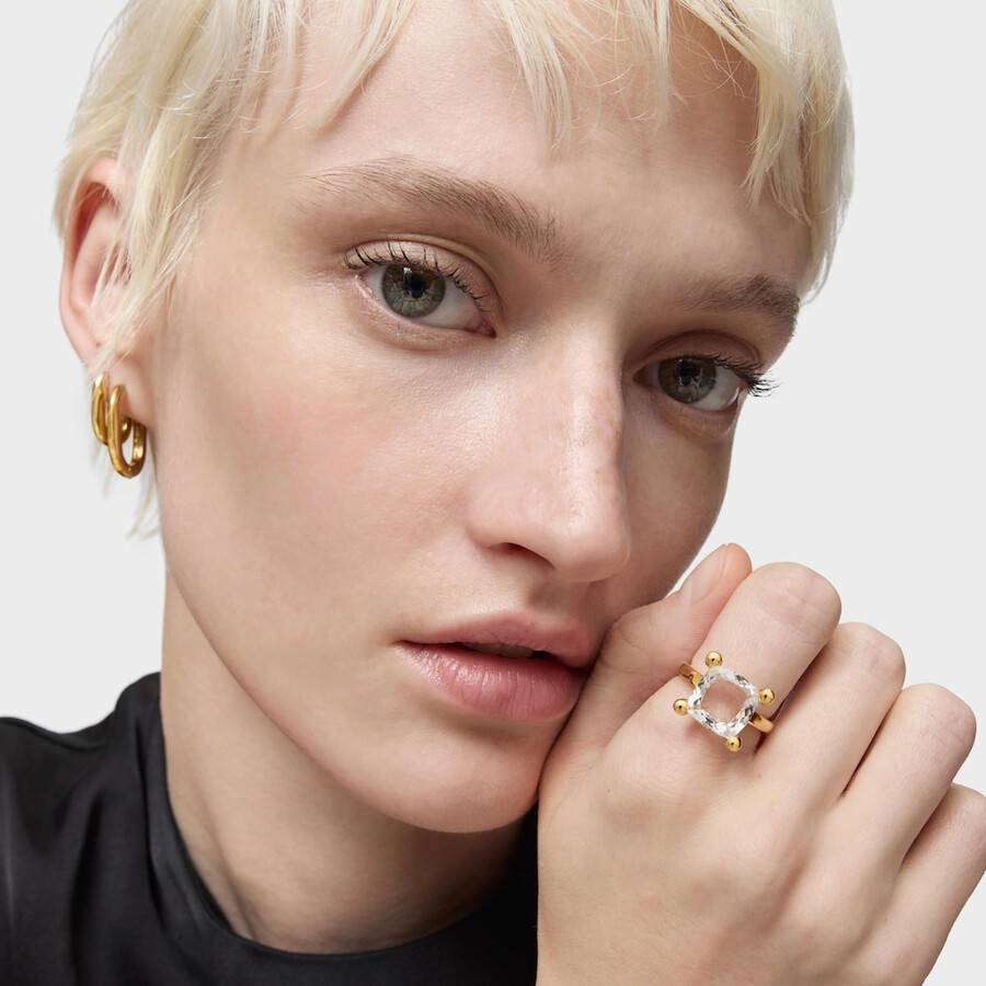 anello medio placcato in oro 18kt su argento e quarzo ialino colore bianco
