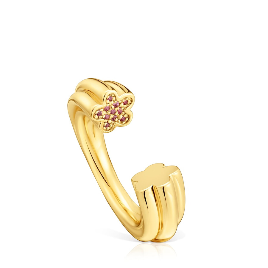 anello aperto in argento placcato oro 18kt con motivo floreale e rodoliti tous 1950