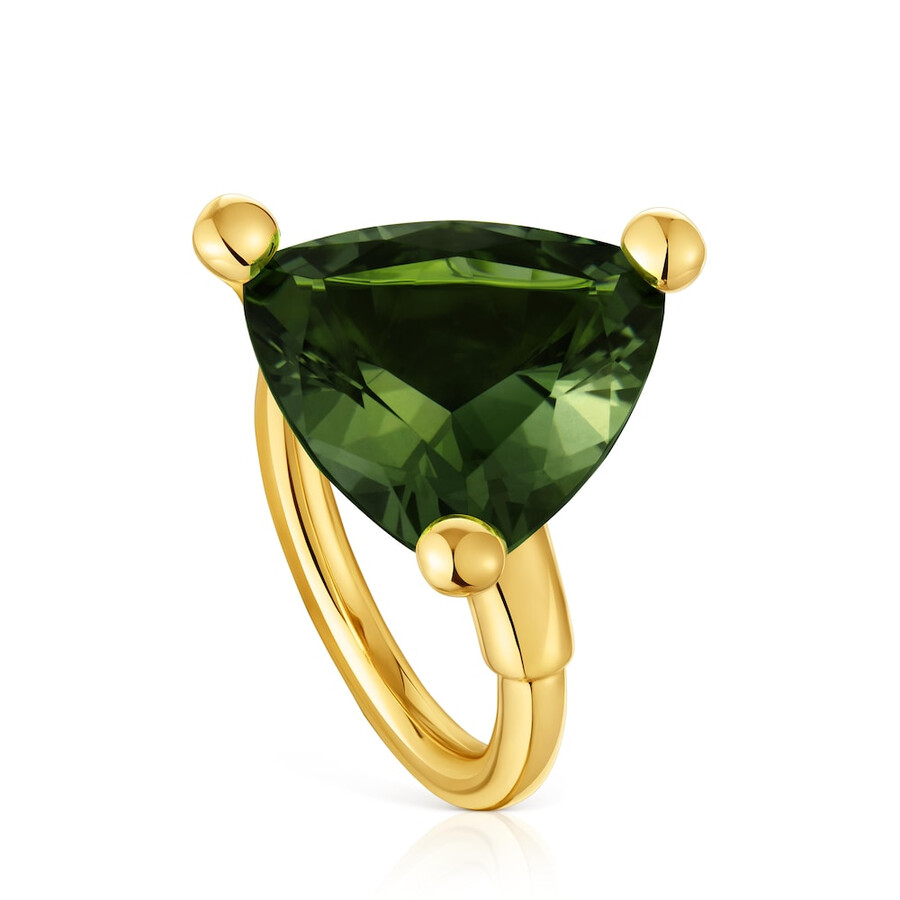 anello grande placcato oro 18kt su argento e spinello verde coltivato in laboratorio tous color lgg
