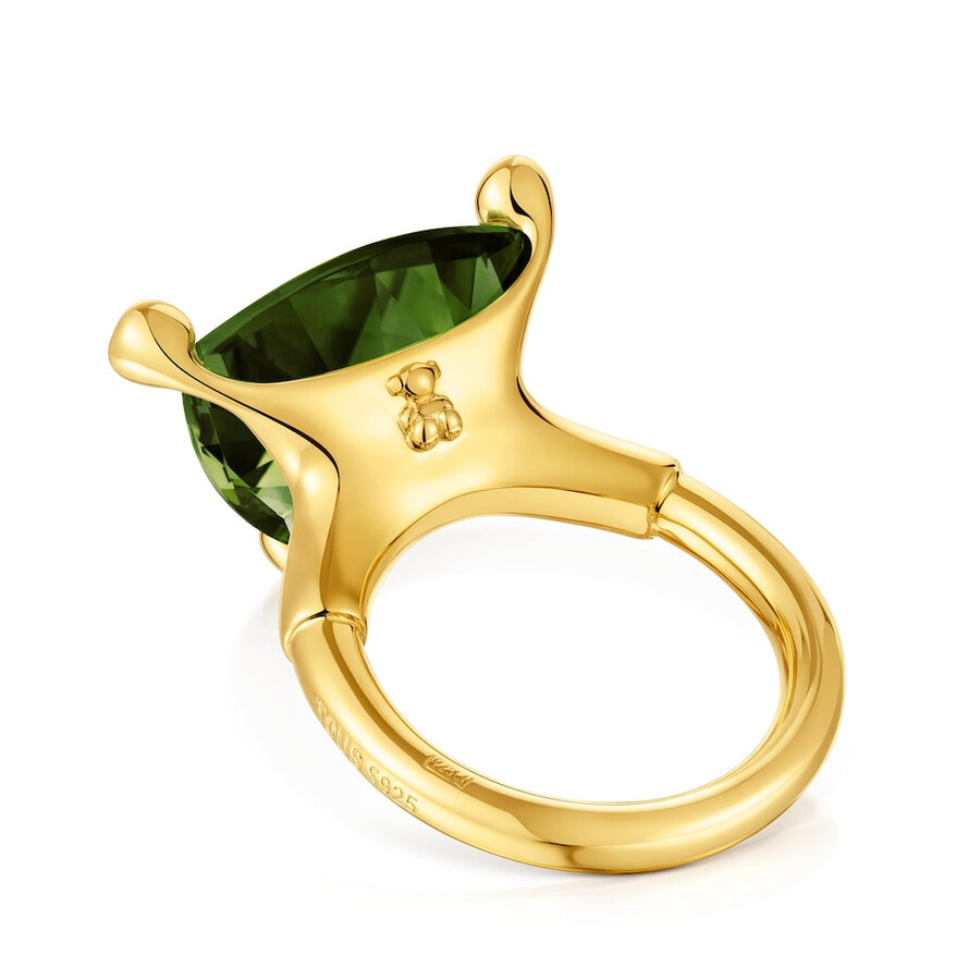 anello grande placcato oro 18kt su argento e spinello verde coltivato in laboratorio tous color lgg