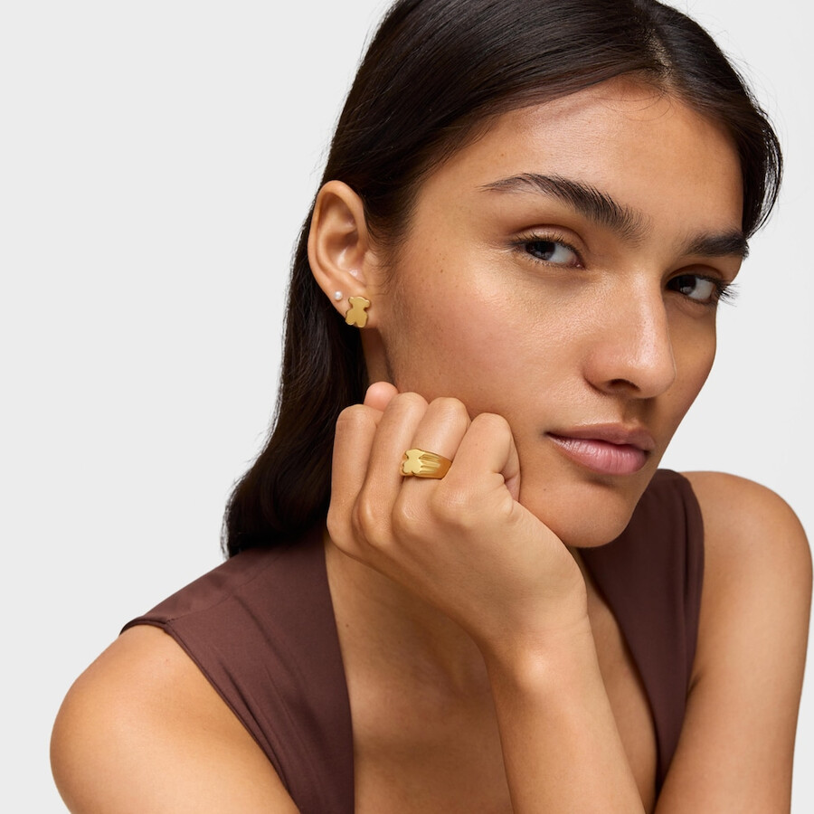 anello con sigillo a forma di orso da 10 mm con placcatura in oro 18 kt su argento sweet dolls