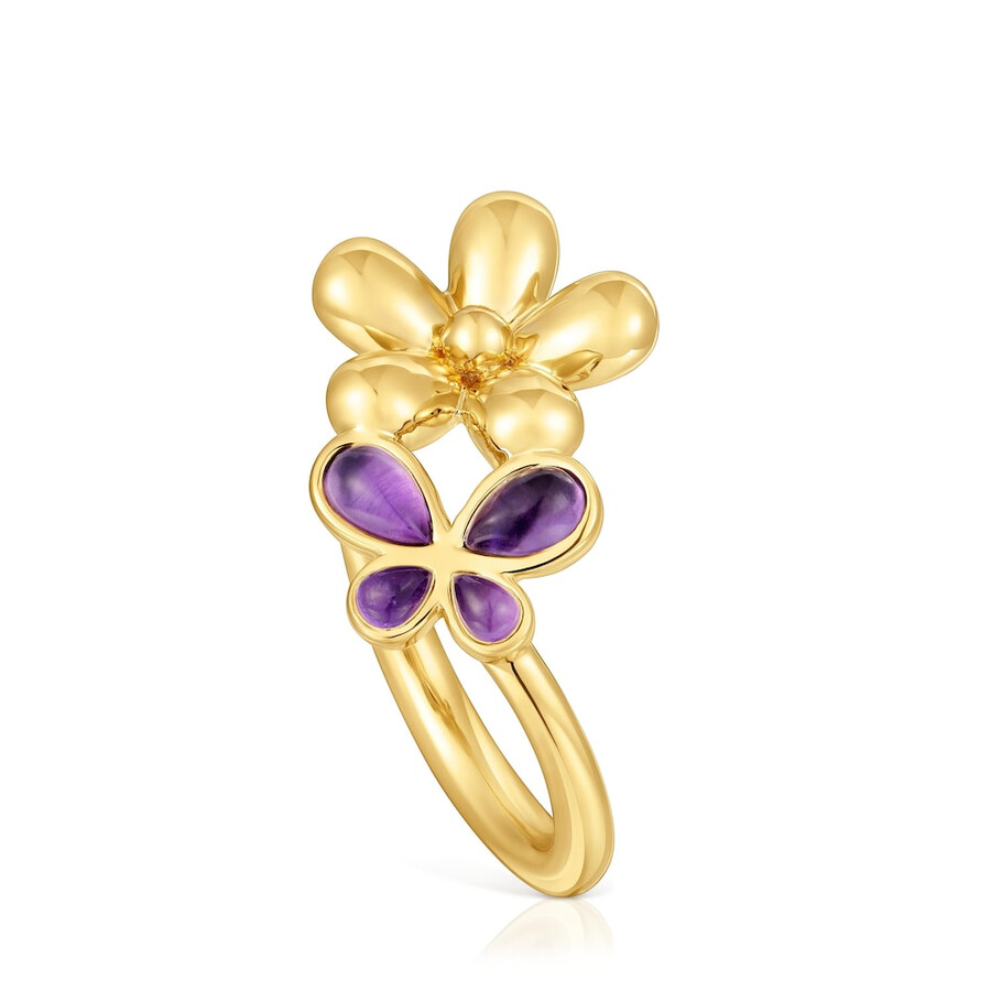 anello con placcatura in oro 18kt su argento e ametista daisy