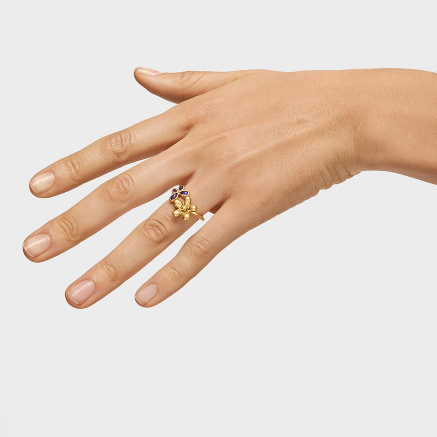 anello con placcatura in oro 18kt su argento e ametista daisy