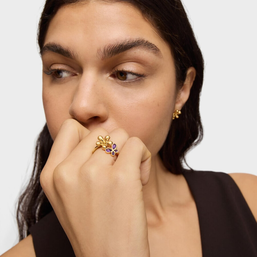 anello con placcatura in oro 18kt su argento e ametista daisy