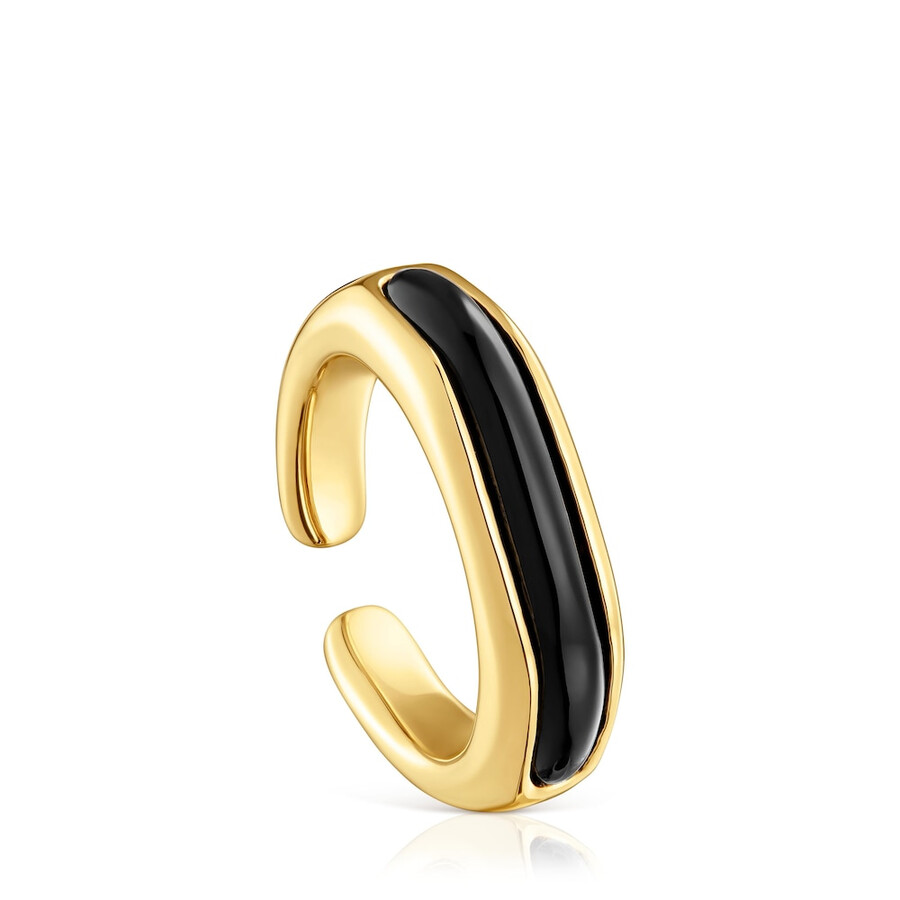 anello aperto con placcatura in oro 18kt su linea argento e onice