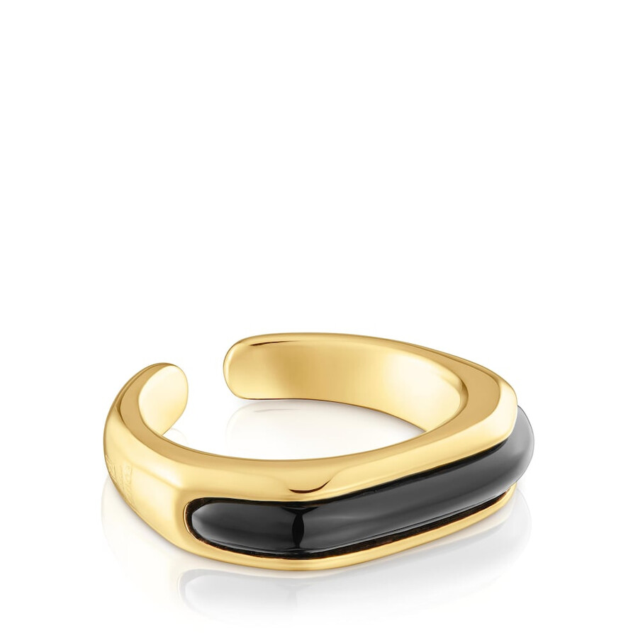 anello aperto con placcatura in oro 18kt su linea argento e onice
