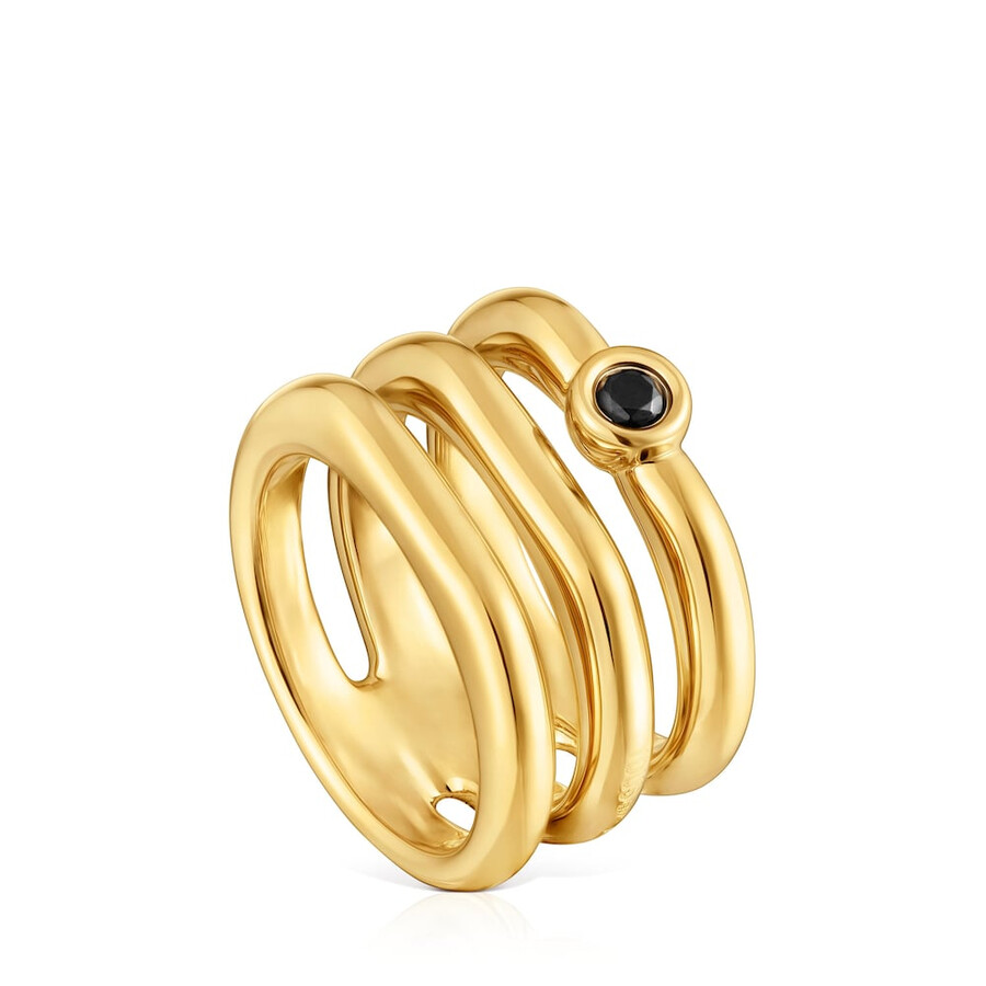 anello triplo con placcatura in oro 18kt su argento e spinello nero tous line