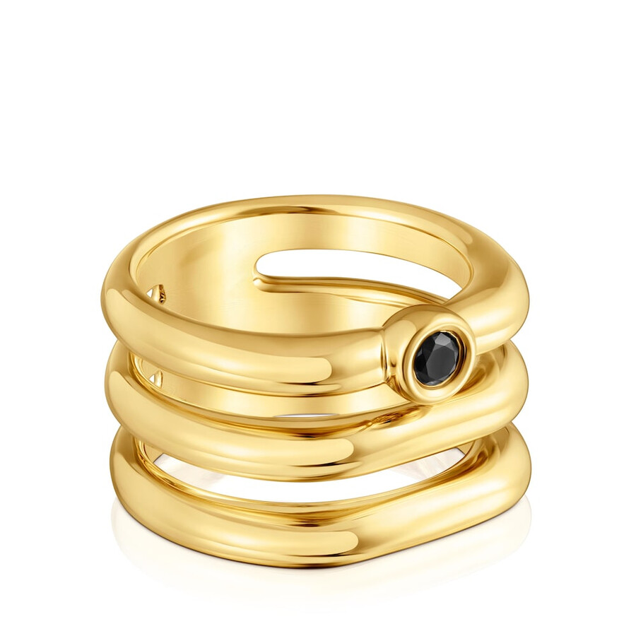 anello triplo con placcatura in oro 18kt su argento e spinello nero tous line