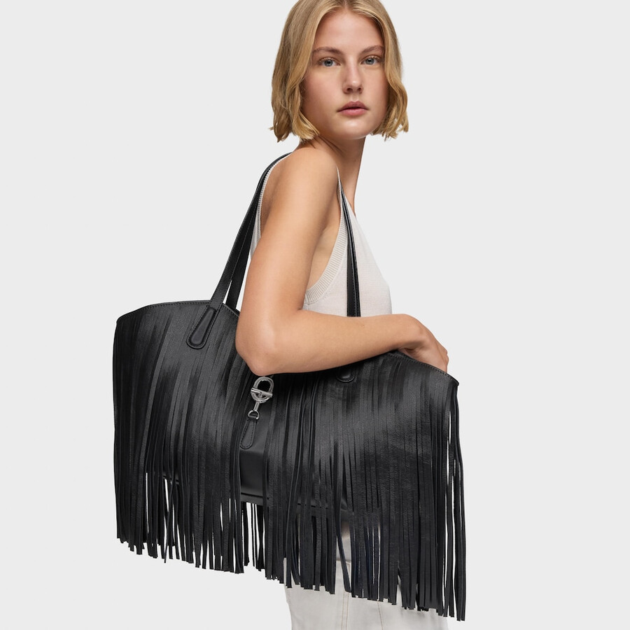 borsa tote media in pelle nera con frange tous manifesto