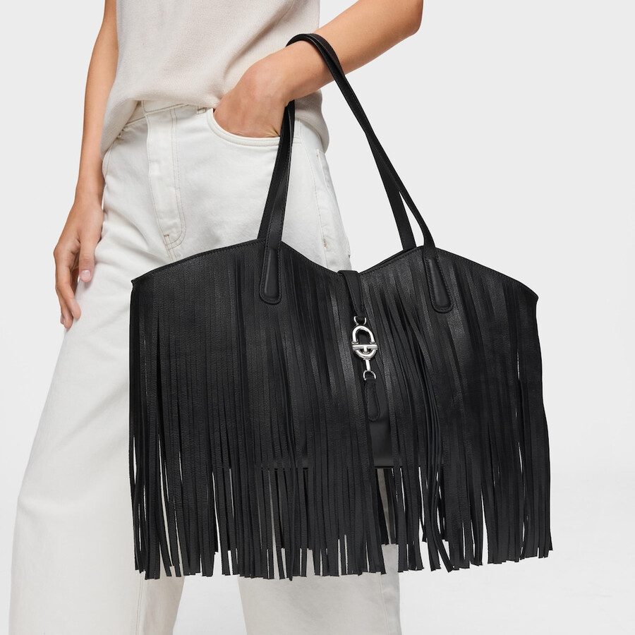 borsa tote media in pelle nera con frange tous manifesto
