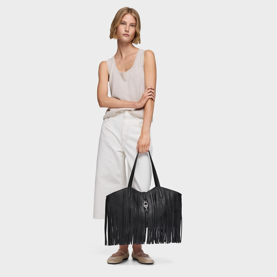 borsa tote media in pelle nera con frange tous manifesto