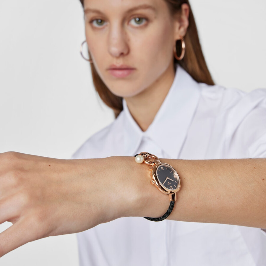 orologio con ciondolo in acciaio ip rosa e cinturino in acciaio ip nero