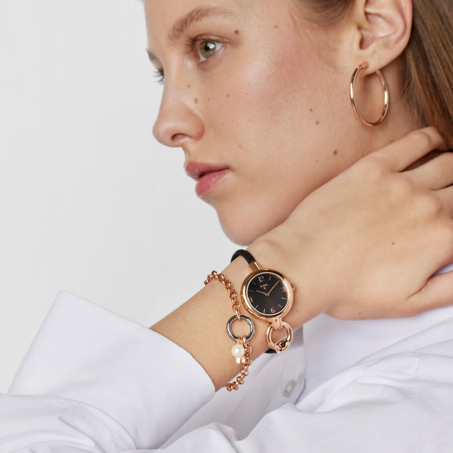 orologio con ciondolo in acciaio ip rosa e cinturino in acciaio ip nero