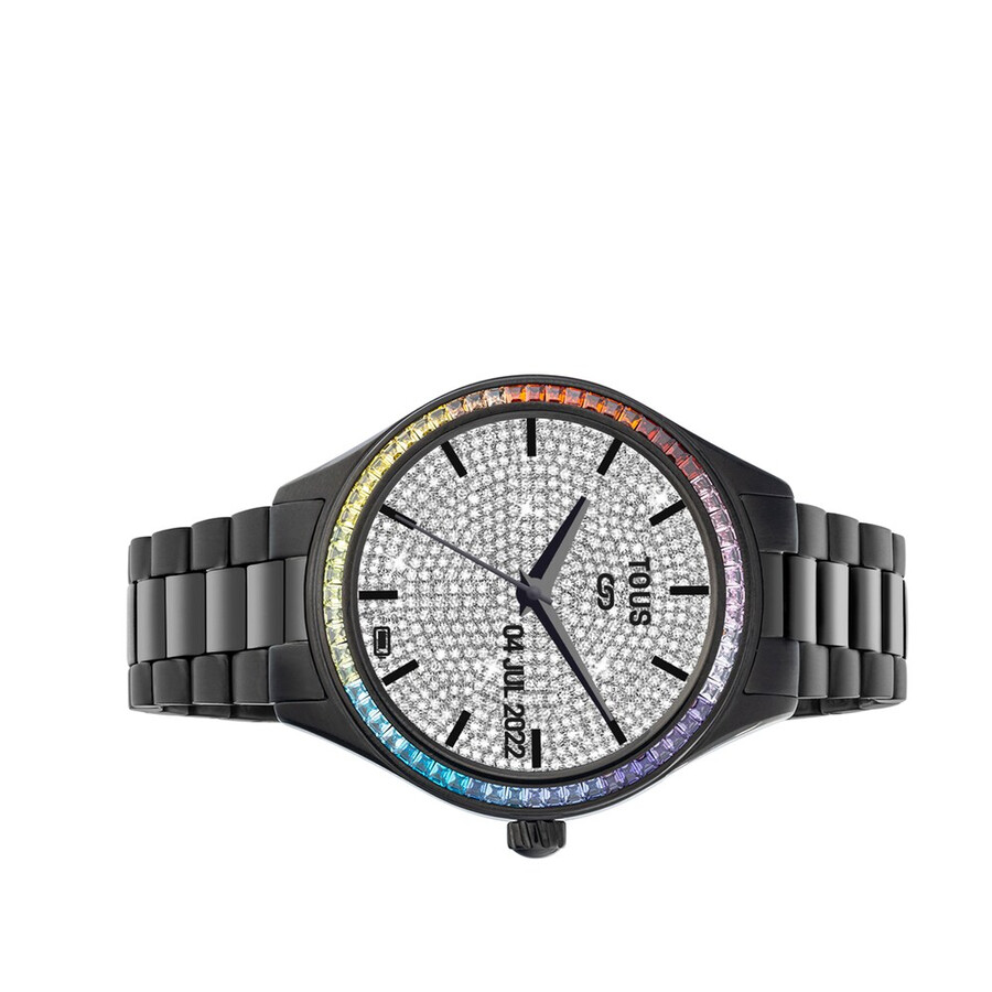 smartwatch t-shine connect con cinturino in acciaio ip nero con zirconi cubici arcobaleno