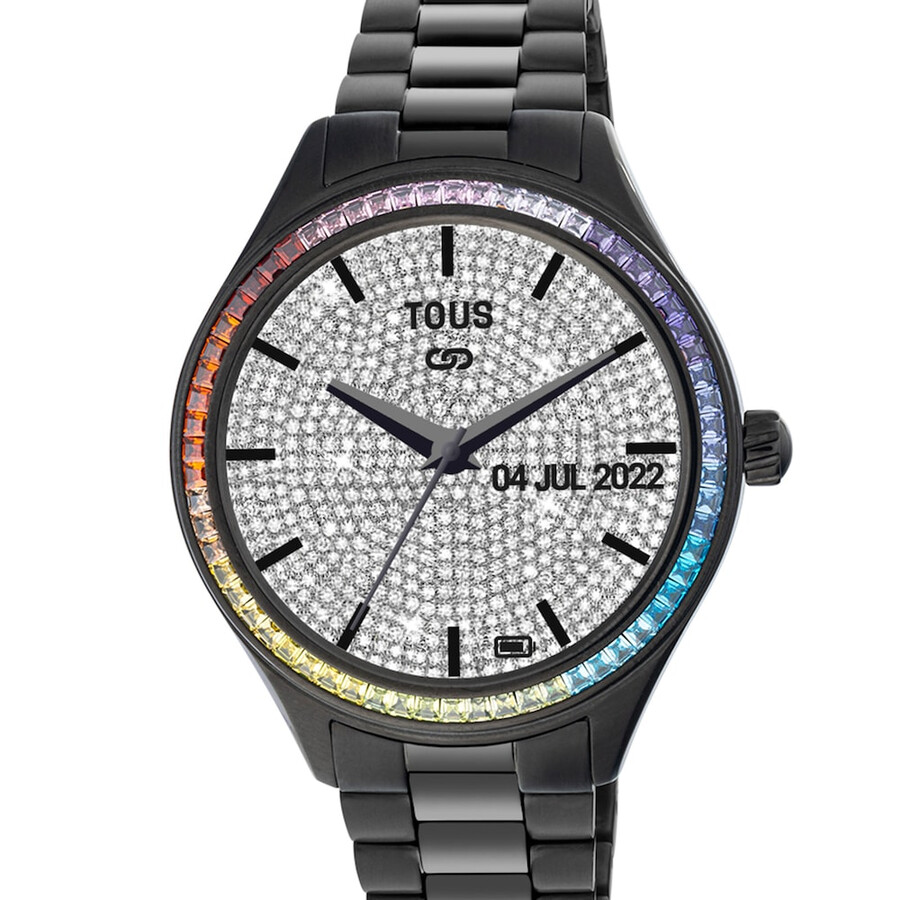 smartwatch t-shine connect con cinturino in acciaio ip nero con zirconi cubici arcobaleno
