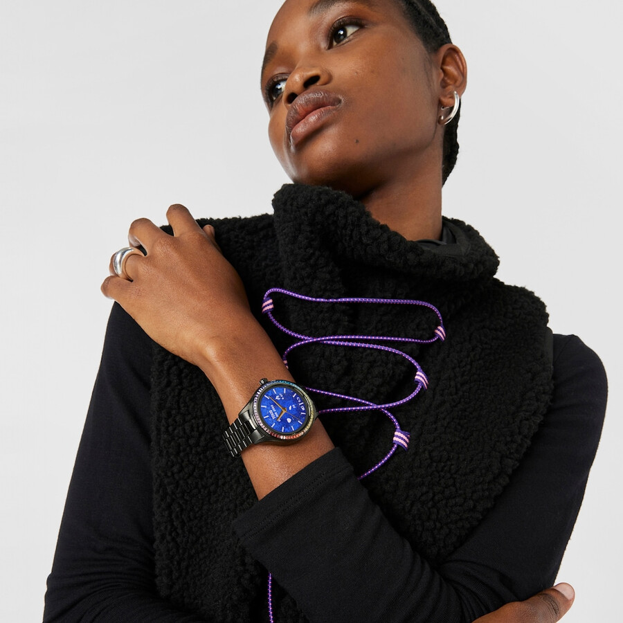 smartwatch t-shine connect con cinturino in acciaio ip nero con zirconi cubici arcobaleno