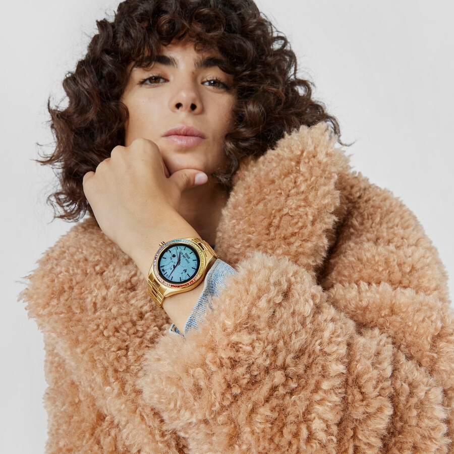 smartwatch t-shine connect con cinturino in acciaio ip color oro con zirconi cubici arcobaleno