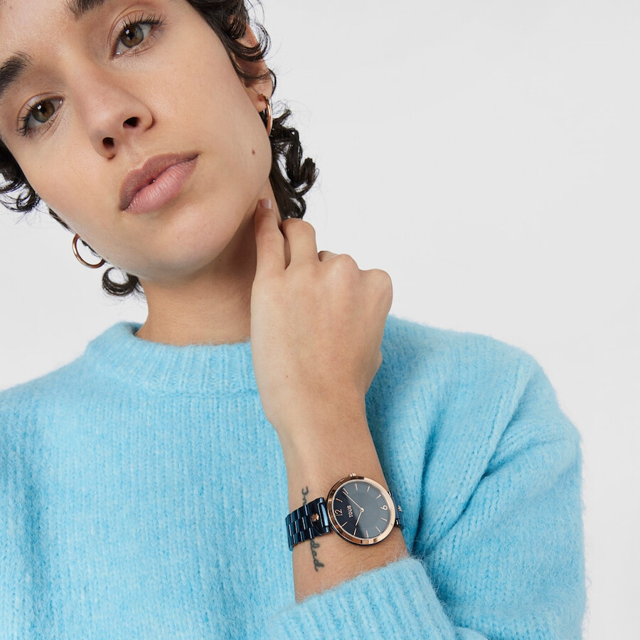 orologio analogico con cinturino in acciaio ip blu e cinturino in acciaio iprg rosa s-band