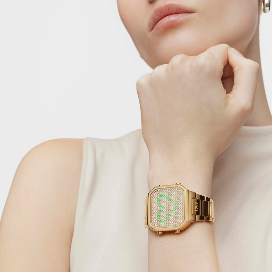 orologio digitale con bracciale in acciaio ipg color oro e cassa con led d-bear