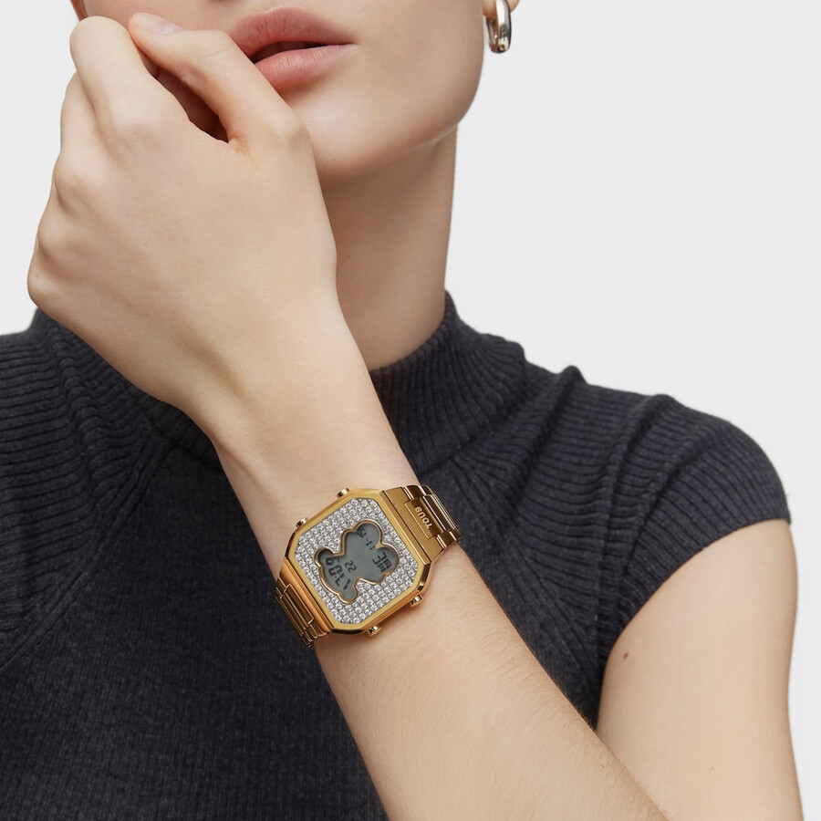 orologio digitale con bracciale in acciaio ipg color oro e zirconi d-bear