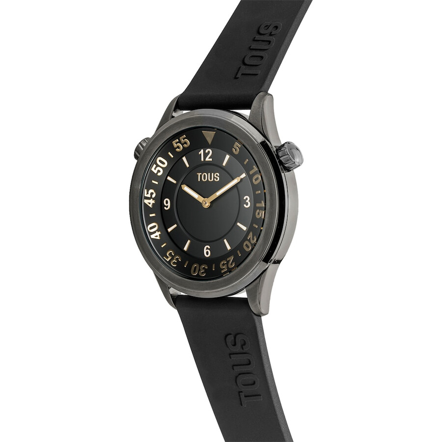 orologio analogico con cinturino in silicone nero e cassa in acciaio ip grigio tous now