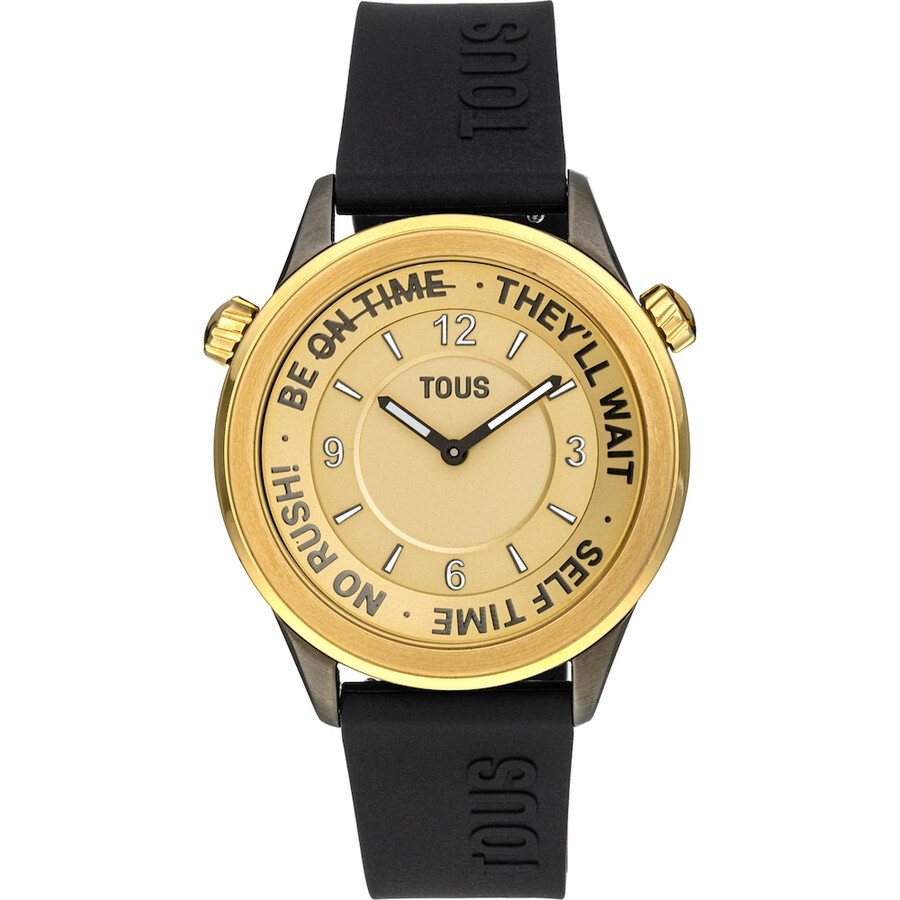orologio analogico con cinturino in silicone nero e cassa in acciaio ip color oro tous now