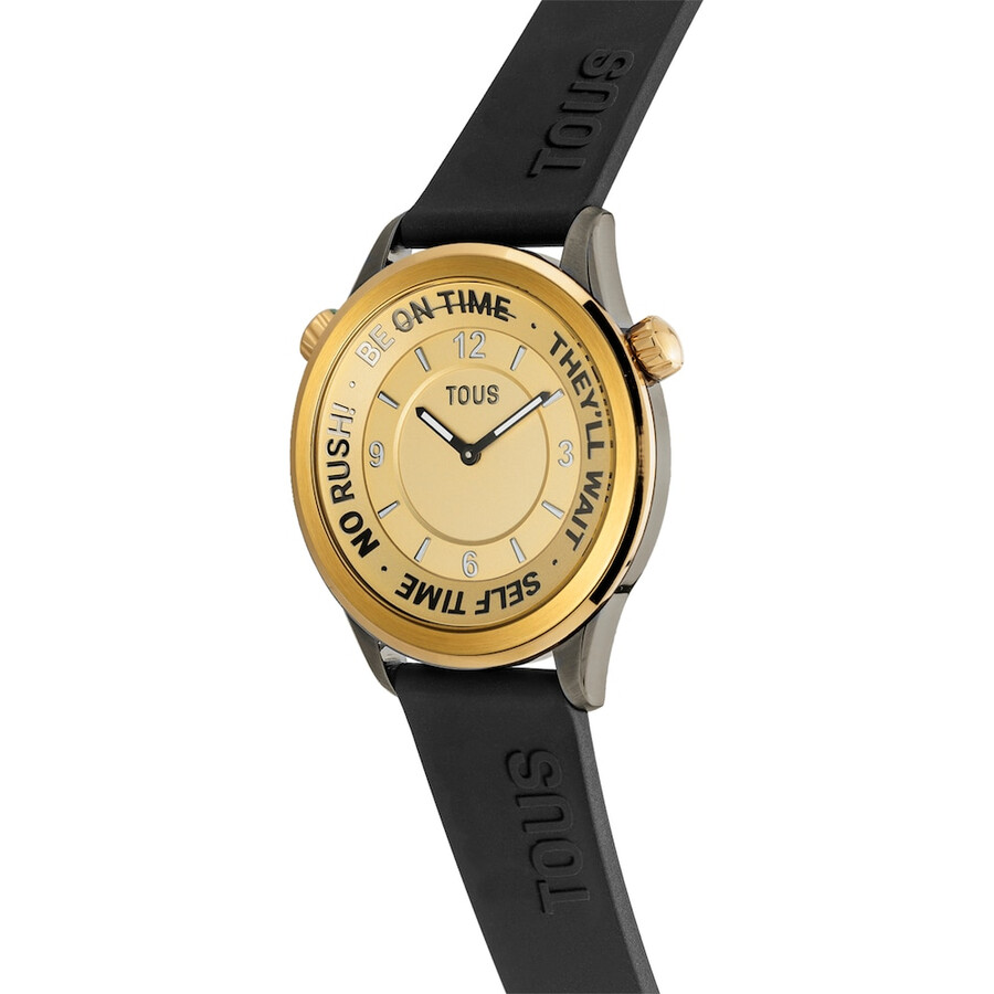 orologio analogico con cinturino in silicone nero e cassa in acciaio ip color oro tous now