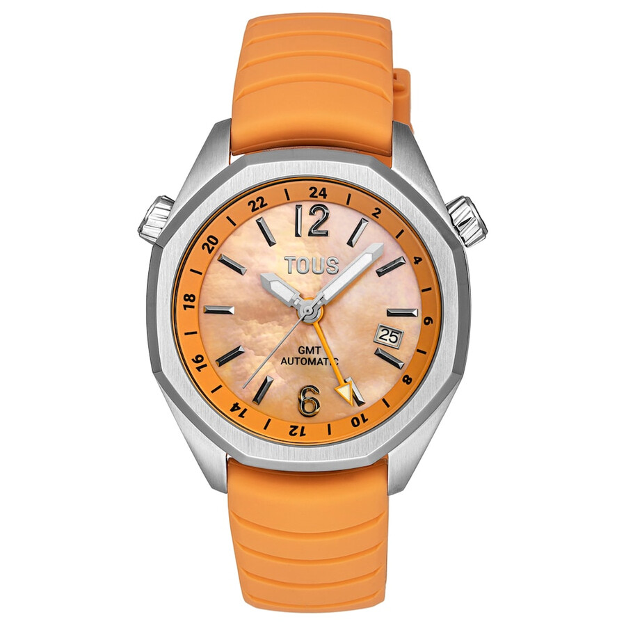 orologio automatico gmt con cinturino in silicone color salmone cassa in acciaio e quadrante in madreperla tous now